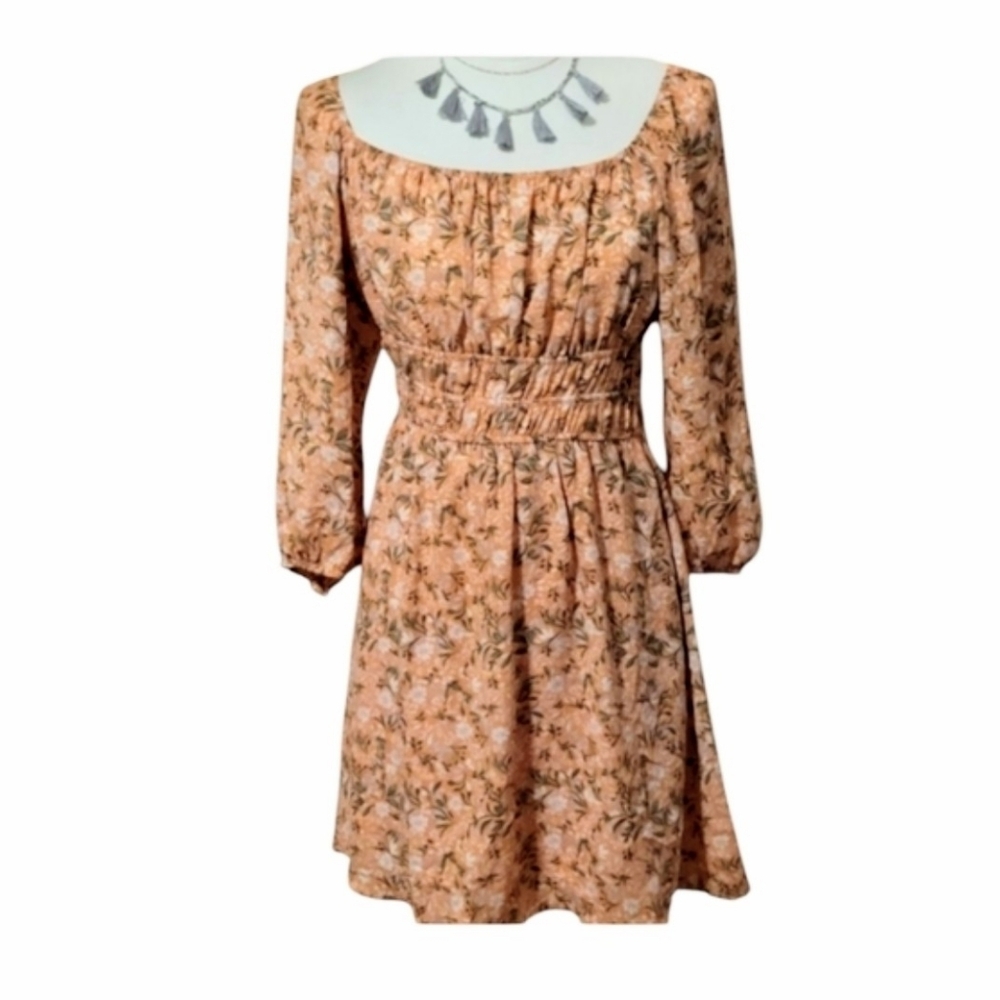 Peach Dainty Smocked Green White Floral Long Sleeve Dress Size XS To Small